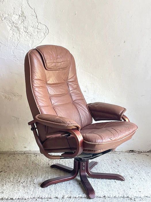Scandinavian Brown Leather Recliner Lounge Chair with Ottoman, circa 1990