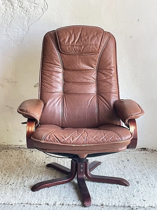 Scandinavian Brown Leather Recliner Lounge Chair with Ottoman, circa 1990