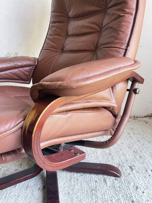 Scandinavian Brown Leather Recliner Lounge Chair with Ottoman, circa 1990