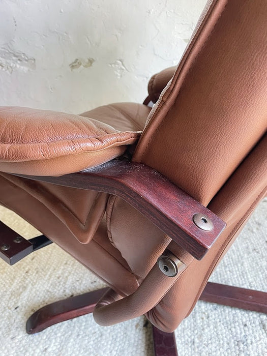 Scandinavian Brown Leather Recliner Lounge Chair with Ottoman, circa 1990