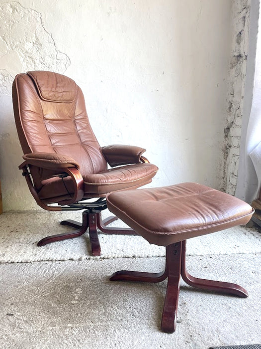 Scandinavian Brown Leather Recliner Lounge Chair with Ottoman, circa 1990