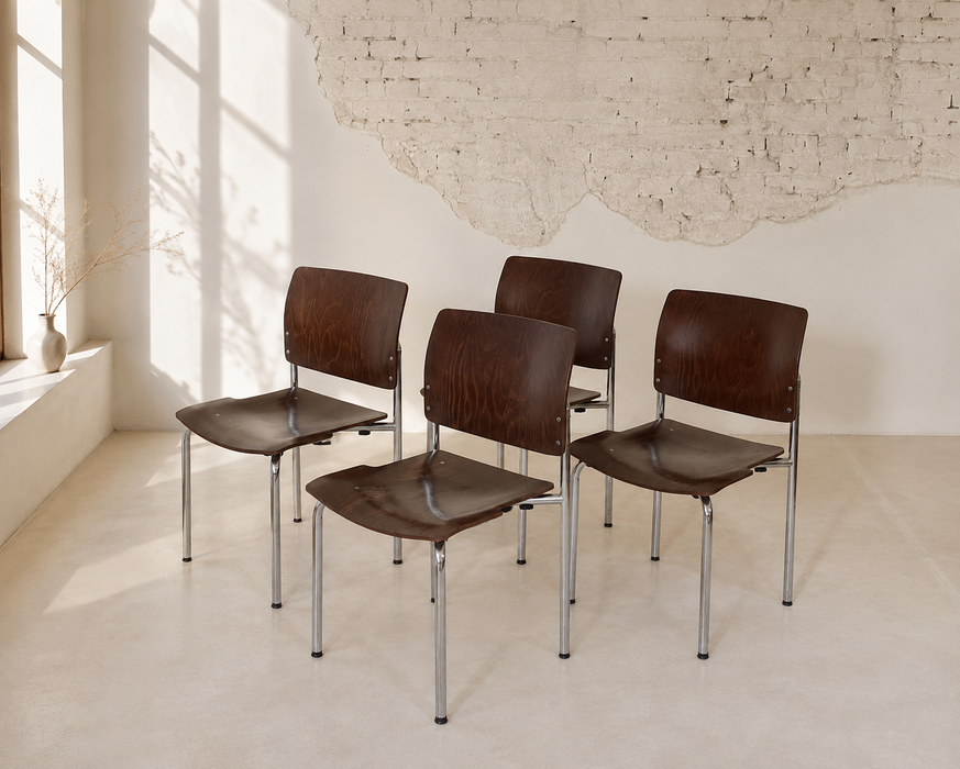 Kusch + Co Plywood and Chrome Stacking Chairs, Germany, 1970s
