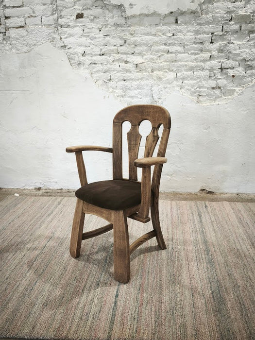 Dutch Brutalist Solid Oak Armchair with Reupholstered Leather Seat, 1970s