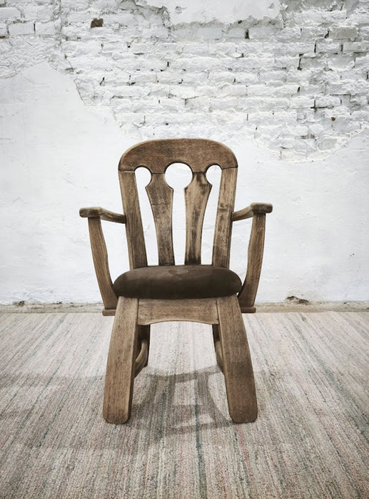 Dutch Brutalist Solid Oak Armchair with Reupholstered Leather Seat, 1970s