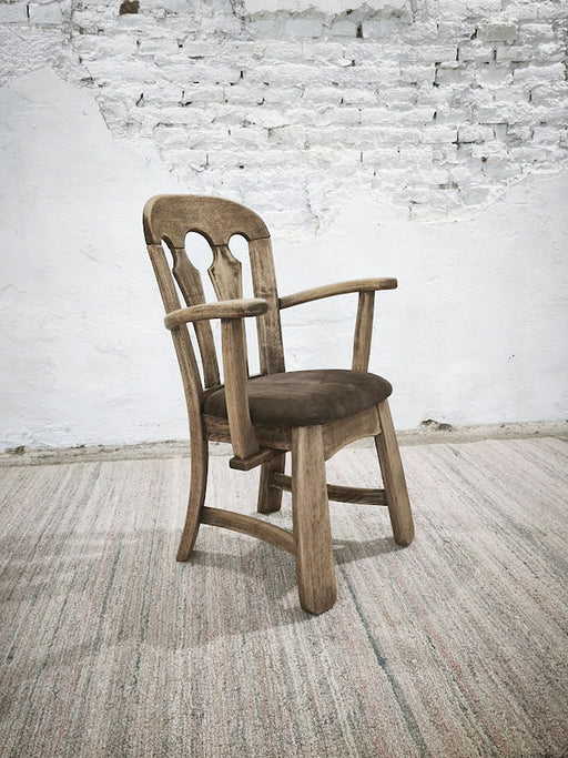 Dutch Brutalist Solid Oak Armchair with Reupholstered Leather Seat, 1970s