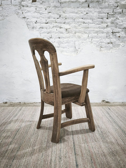 Dutch Brutalist Solid Oak Armchair with Reupholstered Leather Seat, 1970s