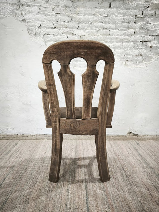 Dutch Brutalist Solid Oak Armchair with Reupholstered Leather Seat, 1970s