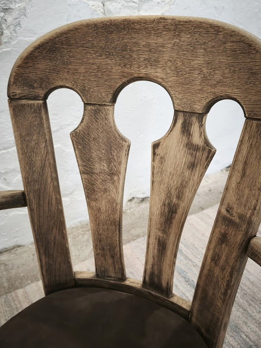 Dutch Brutalist Solid Oak Armchair with Reupholstered Leather Seat, 1970s