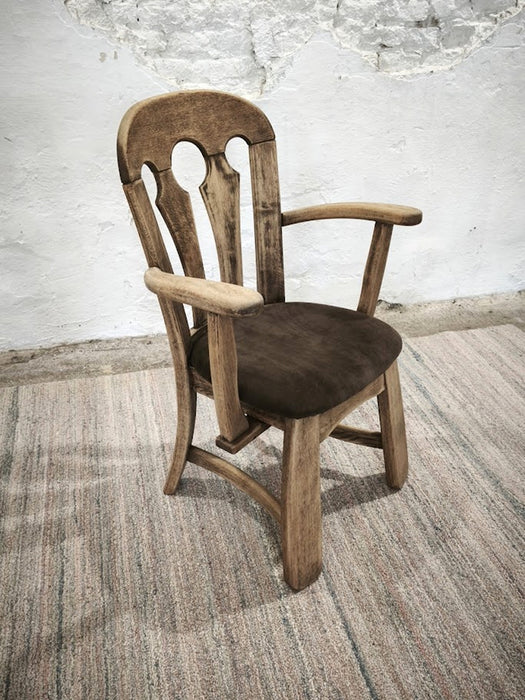 Dutch Brutalist Solid Oak Armchair with Reupholstered Leather Seat, 1970s
