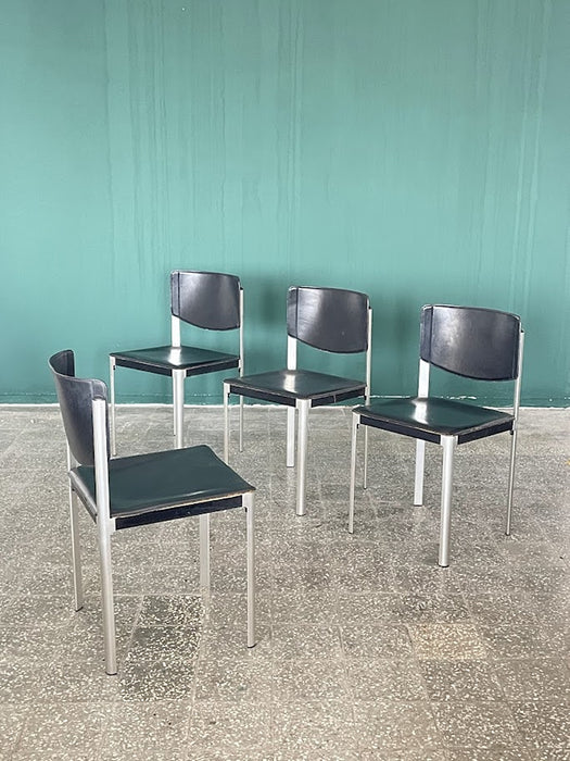 Matteo Grassi Postmodern Black Leather Dining Chairs