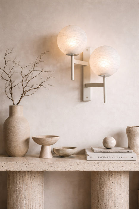 1960s Swiss Mid-Century Double Globe Wall Sconce – Crackle Opaline Glass Pair