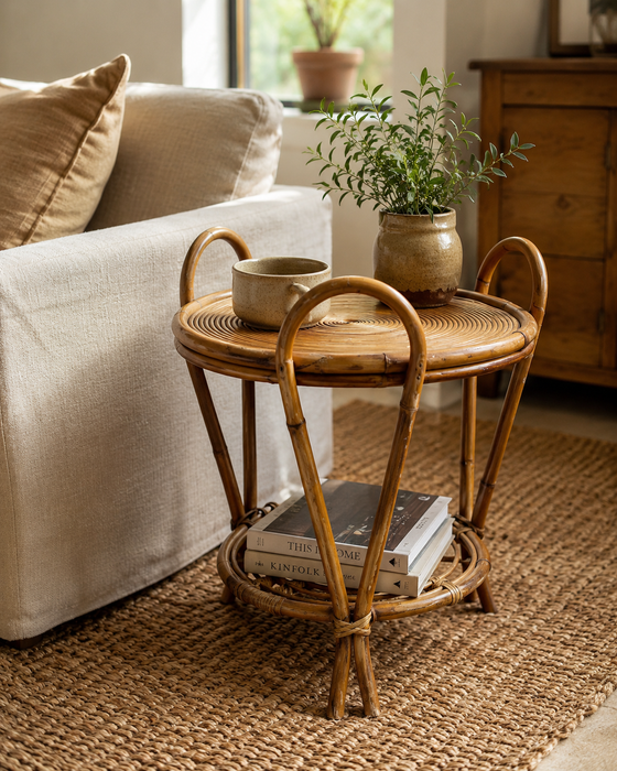Vintage Sculptural Two-Tier Rattan Side Table with Loop Handles, Japan, 1970s