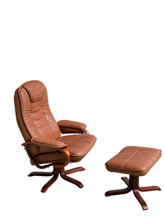 Scandinavian Brown Leather Recliner Lounge Chair with Ottoman, circa 1990