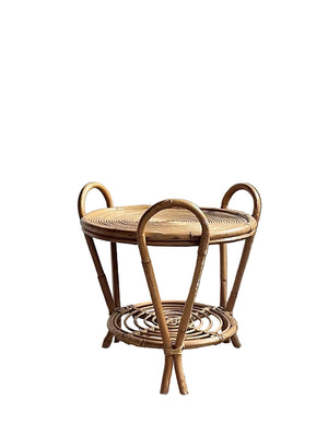 Vintage Sculptural Two-Tier Rattan Side Table with Loop Handles, Japan, 1970s