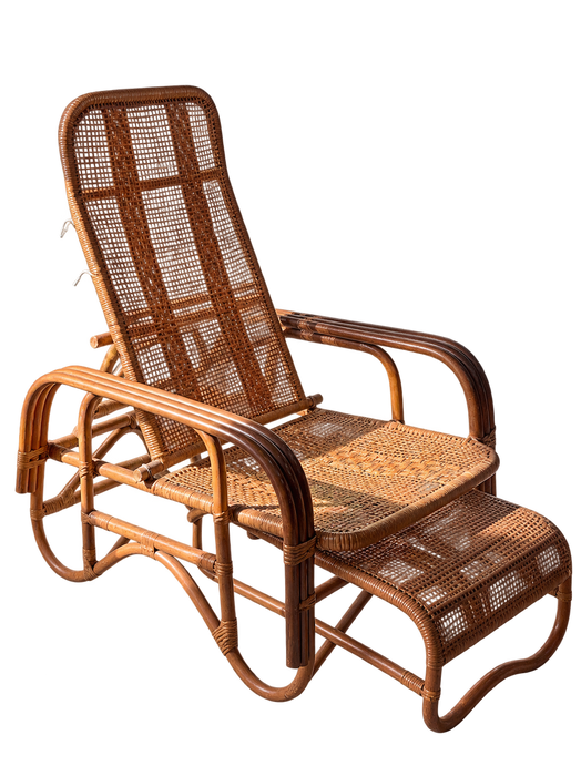 Mid-Century Adjustable Rattan Lounge Chair with Retractable Footrest, Japan