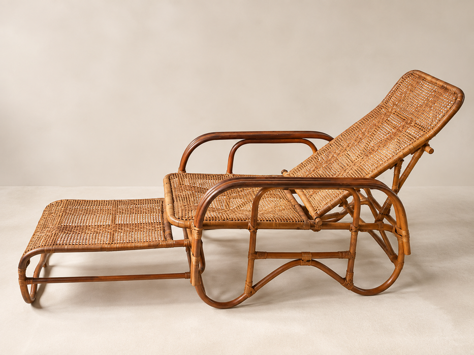 Mid-Century Adjustable Rattan Lounge Chair with Retractable Footrest, Japan