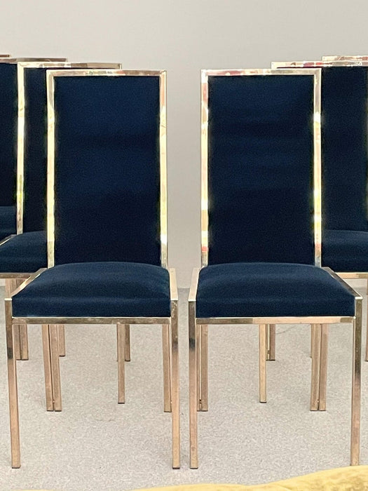 Set of 8 Blue Velvet Dining Chairs, Italy, 1970