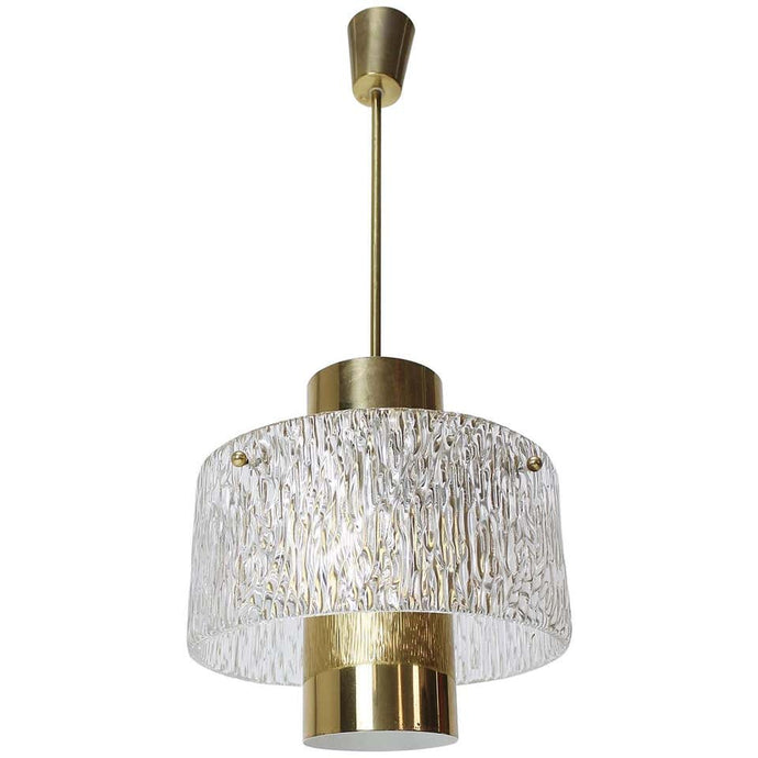 Mid-Century Modern Kalmar Brass Tube and Textured Glass Pendant, Austria, 1960s