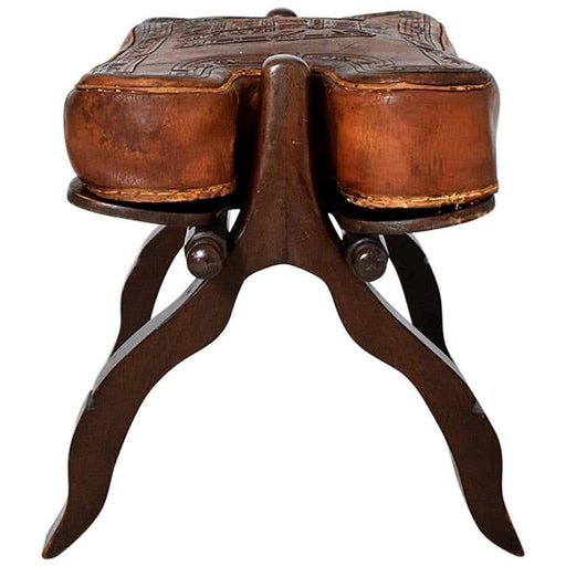 Vintage Midcentury Peruvian Embossed Saddle Leather Ottoman, 1960s
